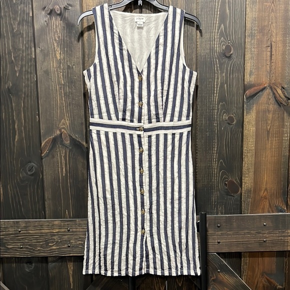 J. Crew Striped Cotton Linen Blend Dress 2 Navy Blue White Neutral Capsule - Picture 1 of 11
